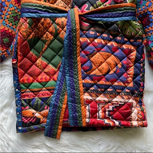 FARM RIO Patchwork Tapestry Crochet-Sleeve Puffer Jacket Coat Small NWT - Picture 9 of 14